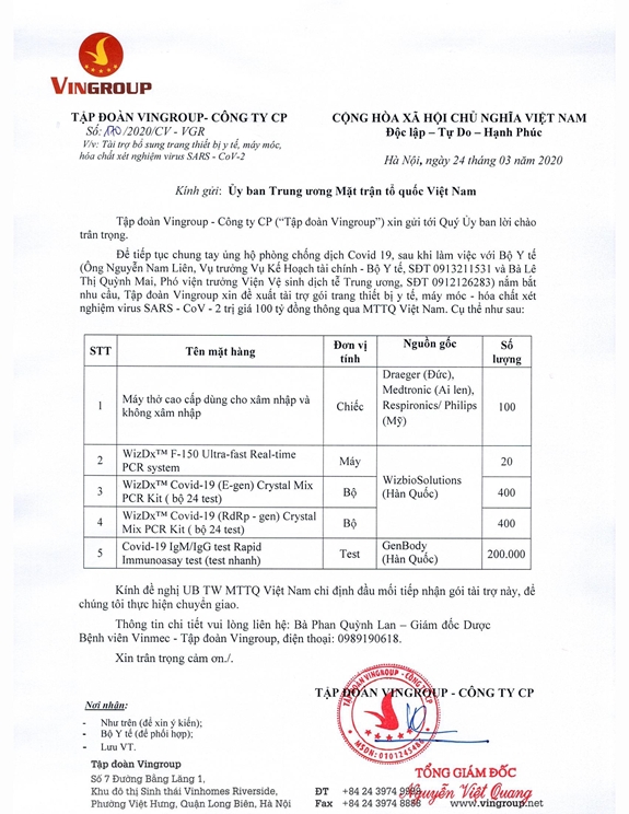 Công văn của Vingroup gửi Ủy ban Trung ương Mặt trận Tổ quốc Việt Nam.